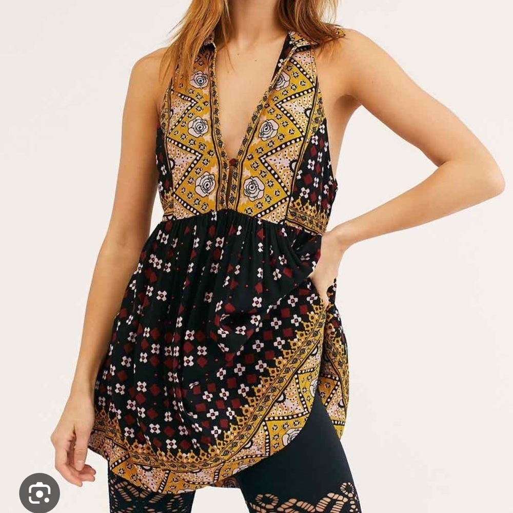 Free People Printed Halter Tunic Charlotte Tank Women Size M Black Multi